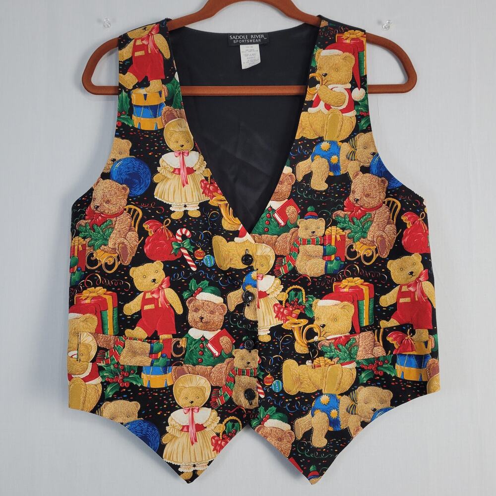 Vintage Christmas Novelty Teddy Bears Button-down Vest women's size M 90s